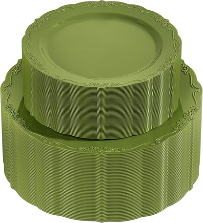 U-QE 100PCS Olive Green Plastic Plates - Plastic Green Plates Disposable Heavy Duty - Olive Disposable Plates for Party Including 50PCS 10'' Dinner & 50PCS 7.5'' Dessert