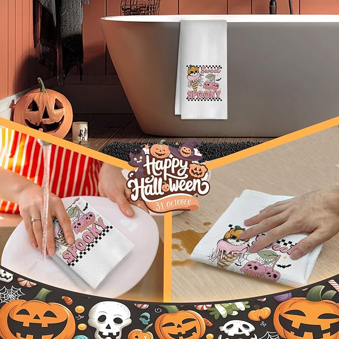 Preppy Halloween Kitchen Towels, Ice Cream Lovers Gifts Dish Tea Towels for Kitchen Decor, Spooky Ice Cream Cherry Halloween Skull Decorative Hand Towel for Bathroom, 16x24 Inches