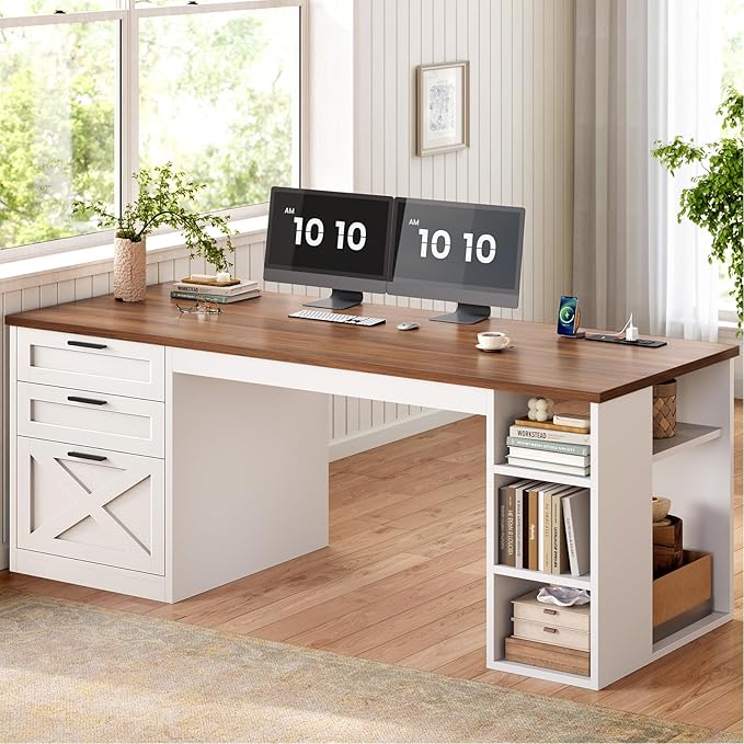 SEDETA 55.1" Farmhouse Office Desk with 3 Drawers, Executive Desk with File Drawer & Storage Shelves, Computer Desk with Power Outlet for Home Office, White and Brown