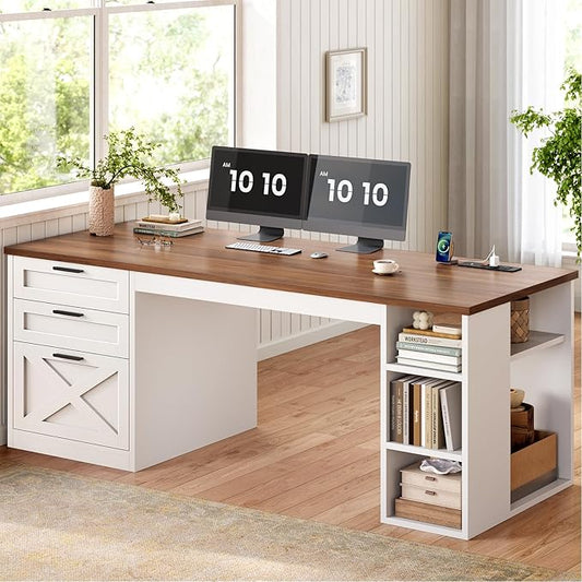 SEDETA 55.1" Farmhouse Office Desk with 3 Drawers, Executive Desk with File Drawer & Storage Shelves, Computer Desk with Power Outlet for Home Office, White and Brown