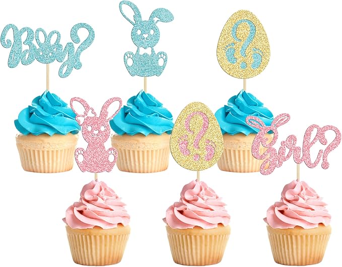 24pcs Gender Reveal Cupcake Toppers - Blue Pink Glitter Bunny Egg Cake Picks - Happy Easter Cake Decorations - Bunny Easter Theme Spring Theme Babyshower Birthday Party Decorations
