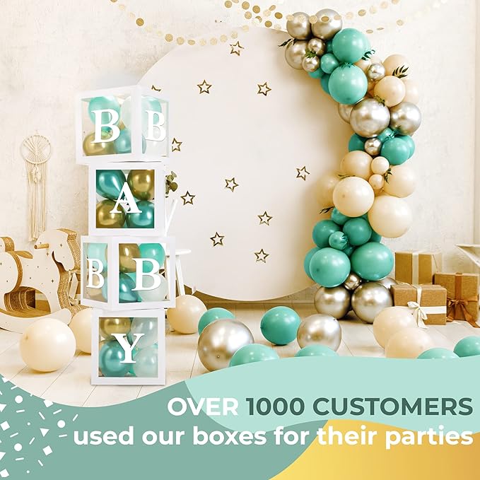 Baby Shower Boxes with Letters – White Boxes with Green, Gold & White Balloons – 44-Piece Gender Reveal & Party Decoration Set by Vellax