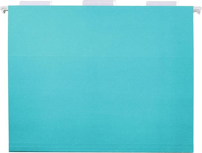 Amazon Basics Hanging File Folders with Adjustable Tabs for Document Organization, Letter Size, Aqua, 25-Pack