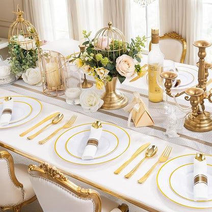 Liacere 100Pack Pre Rolled Gold Silverware and Napkin-Disposable Gold Plastic Utensils-Wrapped Plastic Cutlery Set with Napkin:100 Forks,100 Knives,100 Spoons,100 Napkins for Christmas＆New Year