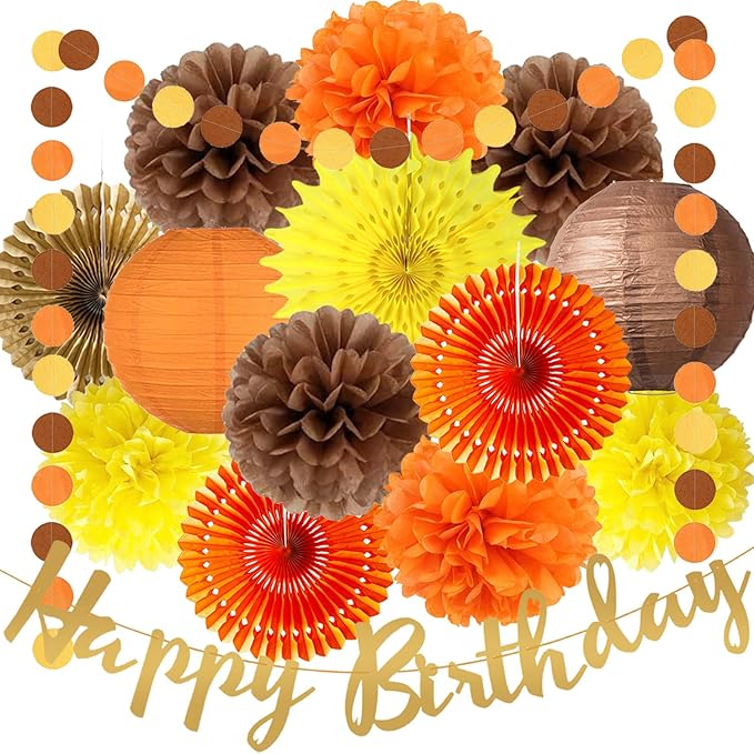 Fall Birthday Decorations Orange Autumn Hanging Paper Fans Orange Brown Yellow Tissue Pom Poms Lantern Circle Dot Garlands Happy Birthday Banner for Baby Shower Fall Harvest Party Decor