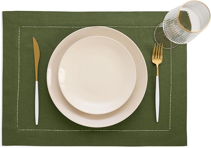 Solino Home Linen Cloth Placemats Set of 4-100% Pure Linen Hemstitch Olive Placemats 14 x 19 Inch - Classic Hemstitch Table Place Mats for Fall, Autumn, Christmas, New Year