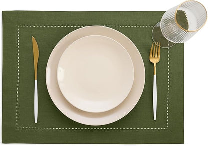 Solino Home Linen Cloth Placemats Set of 4-100% Pure Linen Hemstitch Olive Placemats 14 x 19 Inch - Classic Hemstitch Table Place Mats for Fall, Autumn, Christmas, New Year