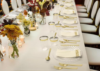 Perfect Settings 150 PCS Gold Plastic Silverware Set Heavy Duty Premium - Gold Plastic Cutlery Set Hammered Pebbled Finish - 50 Forks, 50 Knives, 50 Spoons Utensil Set