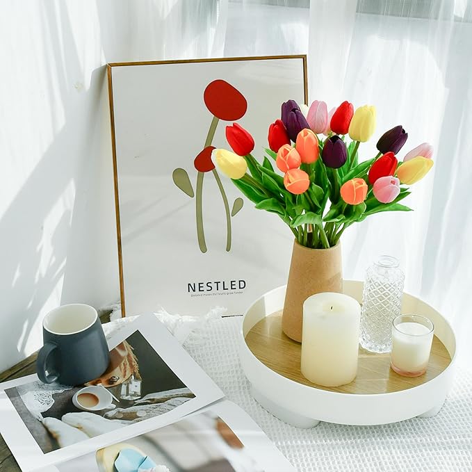 ONLY ART Artificial Multicolor Tulips 20 Pcs – 13.5 Inch PU Faux Flowers with Bendable Stems for Home Décor, Wedding Centerpieces, DIY Floral Arrangements, Table Decorations