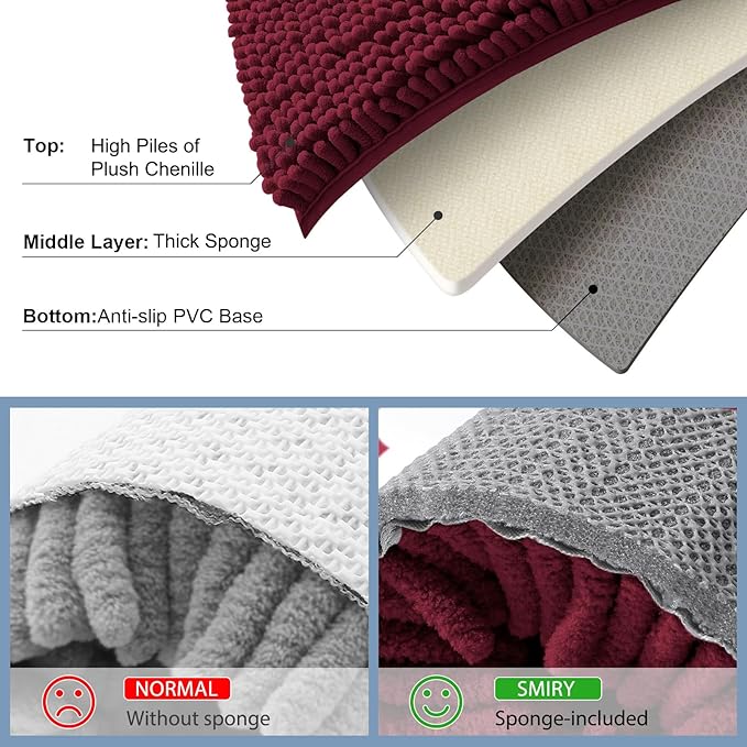 Smiry Luxury Chenille Bathroom Rugs 71x47, Extra Soft and Absorbent Shaggy Bath Mat, Machine Washable, Non-Slip Plush Carpet Runner for Tub, Shower, and Floor, Home Decor Accessories, Burgundy