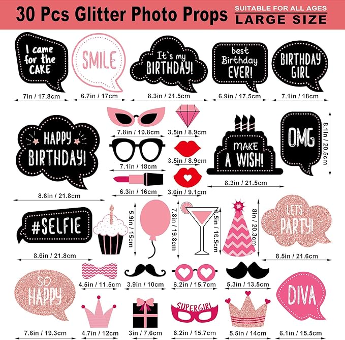 Birthday Photo Booth Props Kit - Happy Birthday Party Favors Supplies Bday Party Decoration Set with Real Glitter Cute Bday Designs for Women - Easy to Assemble 30 Pieces (Rose Gold)