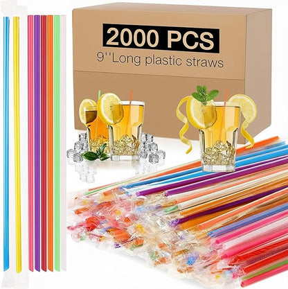 2000 PCS Individually Wrapped Disposable Plastic Drinking Straws, (9" Long, 0.24" Diameter), for Juice, Iced Coffee, Soda, and Party Beverages(Colorful)