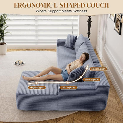95" L Shaped Boneless Sectional Couches, Wide Armrest, Deep Seat, Memory Foam, Assembly Free, Modern Comfy Corduroy Fluffy Cloud Sofa with Right Chaise for Living Room, Small Spaces, Grey
