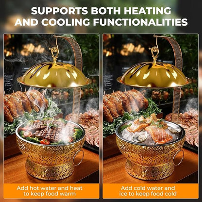 8QT Golden Chafing Dishes for Buffet, Round Stainless Steel Chafing Dish Set for Parties, Christmas Gatherings, Home, Catering Events Complete Buffet Warmer Colder Set (8)