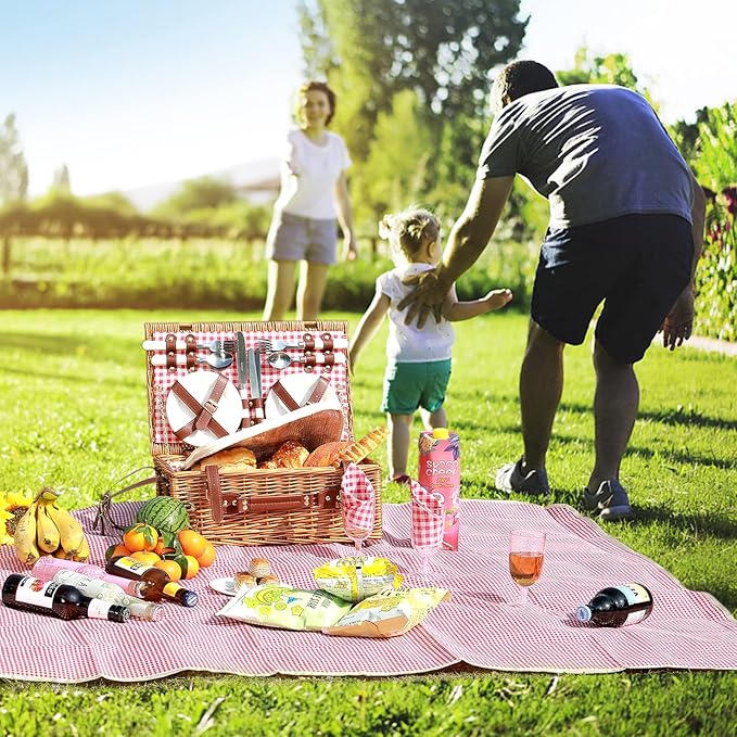 Picnic Basket for 4 Persons with Waterproof Picnic Blanket and Insulated Cooler, Large Wicker Picnic Basket for Camping, Outdoors, Valentine's Day, Christmas, Birthday, Wedding Gift