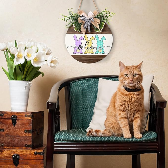 Happy Easter Sign 12X12 Inch Easter Bunny Rabbit Sign Easter Decorations Door Hanger for Outdoor Outside Porch Spring Easter Wood Plaque Round Easter Welcome Sign for Home Farmhouse Porch Wall Indoor