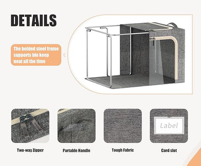 3 Opeings Large Clothes Storage Bins with Metal Frame, Foldable Storage Bin for Clothes, Clothing Storage Bins with Lid, Linen Storage Box With Clear Window＆ Zippers＆ Handles.(3 Pcs,Dark Grey,66L)