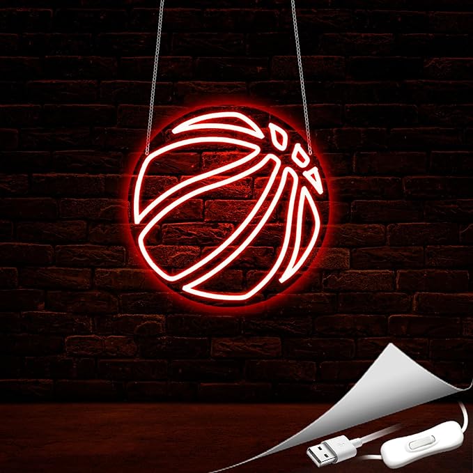 Basketball Neon Sign, Neon Signs for Wall Decor Red LED Light Up Signs Home Decor for Bedroom Club Party Bar Shop USB Operated