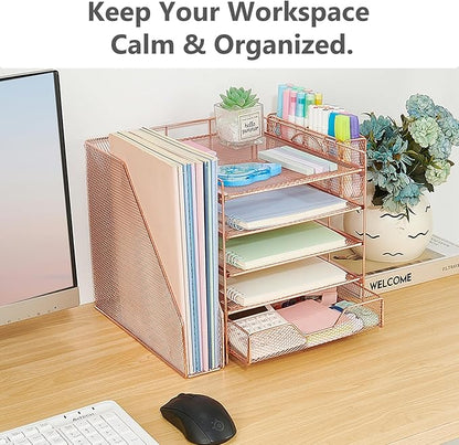 Desk Organizer, 5-Tier Paper Letter Tray Organizer with File Holder, Drawer and Pen Holder, Desktop Organizer for Office Supplies, Rose Gold