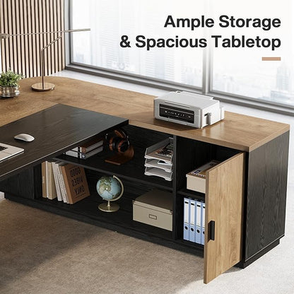 Tribesigns 79-Inch Executive Desk, Large Office Desk with Cabinet, L-Shaped Compter Desk with Storage Shelves, Writing Table for Home Office, Natural Oak and Black