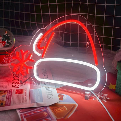 Christmas Hat Neon Sign, Red & White USB Plastic LED Light, Modern Holiday Decorative Signage for Wall Decor, Dimmable Christmas Decorations