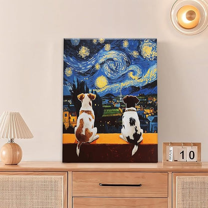 Dog Wall Art, Starry Night Dogs Pictures Wall Decor, Animal Canvas Prints Painting, Framed Artwork for Bathroom Living Room Bedroom Office Dining Room 20"X16"