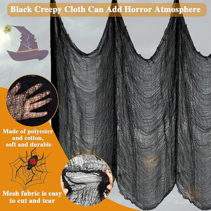 Halatool 30 X 90 in Halloween Creepy Cloth, 4 PCS Black Spooky Cheesecloth Scary Hanging Gauze Decor for Halloween Party Supplies Haunted Houses Windows Doorways Indoors & Outdoors