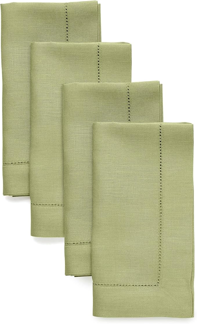 Solino Home Linen Napkins Set of 4 - Classic Hemstitch 100% Pure Linen Moss Green Dinner Napkins Cloth 20 x 20 Inch for Fall, Autumn, Winter - Handcrafted and Machine Washable