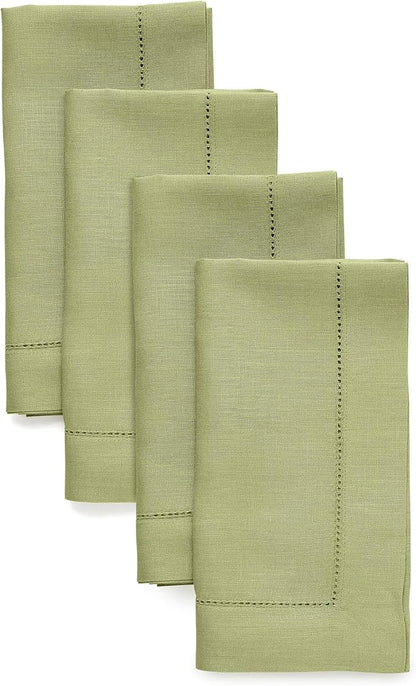 Solino Home Linen Napkins Set of 4 - Classic Hemstitch 100% Pure Linen Moss Green Dinner Napkins Cloth 20 x 20 Inch for Fall, Autumn, Winter - Handcrafted and Machine Washable