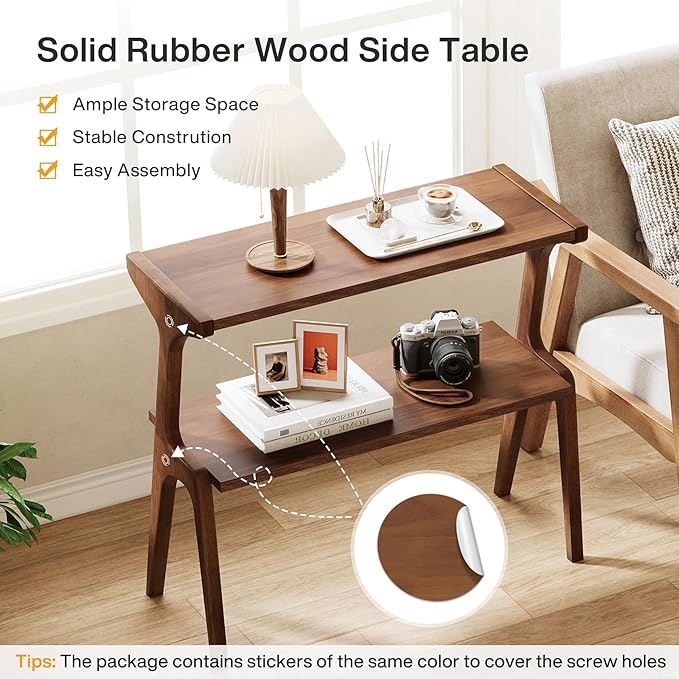 Tribesigns Solid Wood End Table, Rustic Side Table for Couch, 2-Tie Farmhouse Tall End Table, Narrow Bedside Table for Bedroom, Living Room, Easy Assembly, Rustic Brown