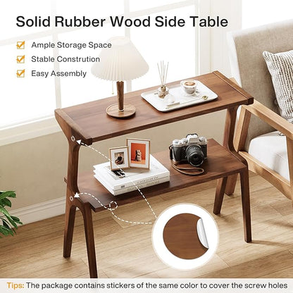 Tribesigns Solid Wood End Table, Rustic Side Table for Couch, 2-Tie Farmhouse Tall End Table, Narrow Bedside Table for Bedroom, Living Room, Easy Assembly, Rustic Brown