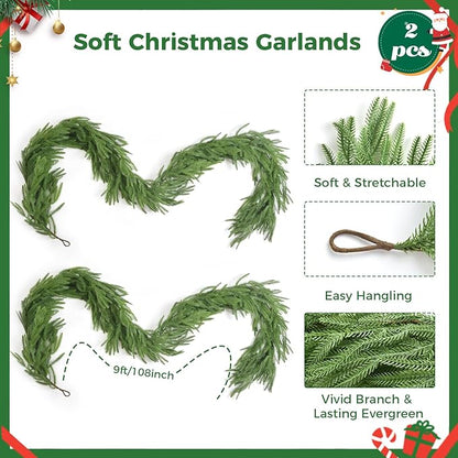 9FT Christmas Norfolk Pine Garland, Artificial Pine Needles Winter Garlands Faux Greenery Fake Garland for Holiday Fireplace,Table, Window, Stairs, Mante, Indoor Outdoor Decor (2 Pack, 9 FT)