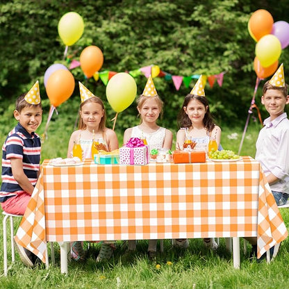 WNINK 6 Pack Orange and White Checkered Rectangular Plastic Tablecloths, Orange Gingham Waterproof Disposable Table Covers 54" x 108" for Birthday, Wedding, Outdoor Picnic Camping Parties