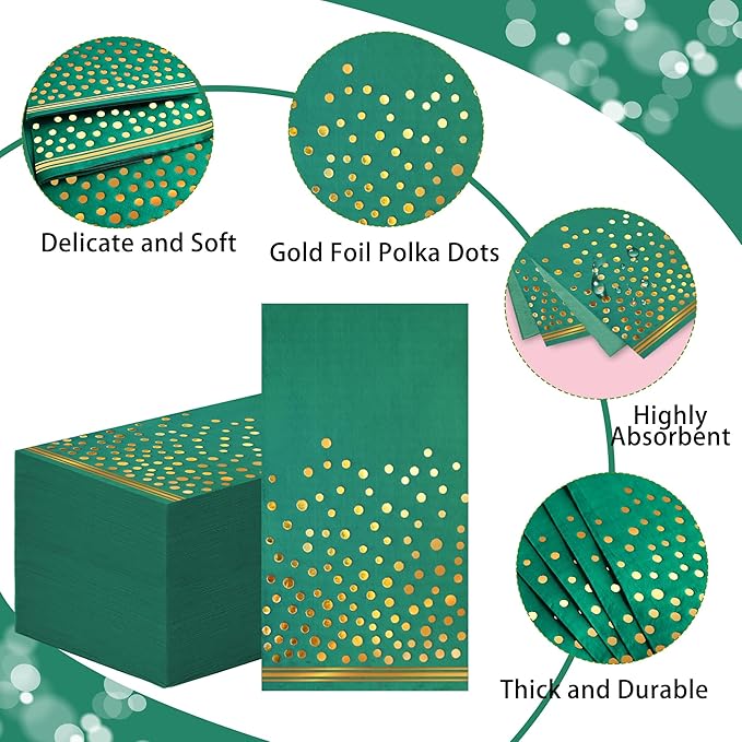 100 Pcs Green Paper Napkins Gold Dot Party Napkins Disposable Green Dinner Napkins for Birthday Bathroom Wedding Christmas Holidays Party Supplies