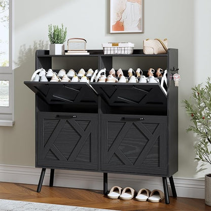 Nicetree Shoe Cabinet, Shoe Storage Cabinet for Entryway, Farmhouse Narrow Shoe Rack Cabinet with Metal Legs, Foyer, Hallway,4 Flip Drawers,Black