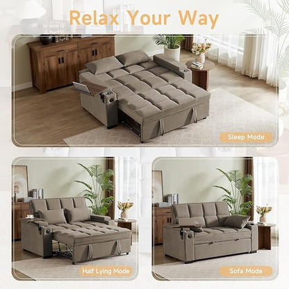 66" Multi-Functional Pull-Out Sofa Bed with Hidden Side Table, Storage Armrests, Built-in Charging Port, Spring Mattress, Solid Wood Frame – Ideal for Small Spaces, Easy Assembly