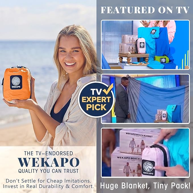 WEKAPO Beach Blanket Sandproof Waterproof, Extra Large Beach Mat, Oversized & Compact Sand Free Mat Quick Drying, Lightweight & Durable with Stakes & Corner Pockets