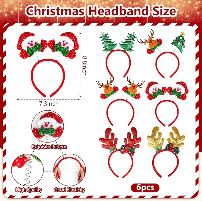 fiintrwa Christmas Headband Beads Necklace Hair Hoop Eyewear Eyeglass Santa Hat Photo Props for Xmas Party Decoration Supplie