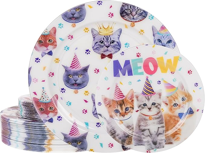 WELLIFE 20PCS Cat Theme Party Plates - Reusable Plastic Dinner & Dessert Plates (10×9.2" + 10×6.3") Kitten Birthday Party Supplies for Kids, Cute Cat Decorations for Girls Party