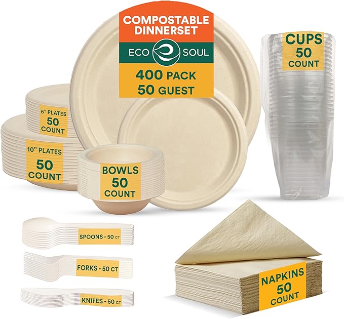 ECO SOUL 400 Pcs Compostable Dinnerware Set For 50 Guests, 50 Pcs Each Of Eco-Friendly Disposable Paper Plates Of 9"" & 6"", Cutlery, Napkins, 16 oz Bowls & 16 oz Cups For Party, Picnic & Gathering