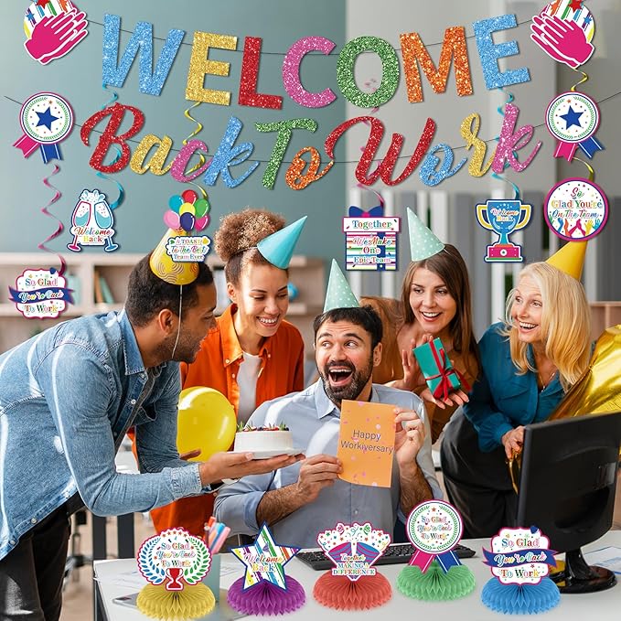 12pcs Welcome Back to Work Decorations Office Colorful So Glad You're Back To Work Banner and Hanging Swirls Table Centerpieces Office Party Supplies for Indoors Outdoors