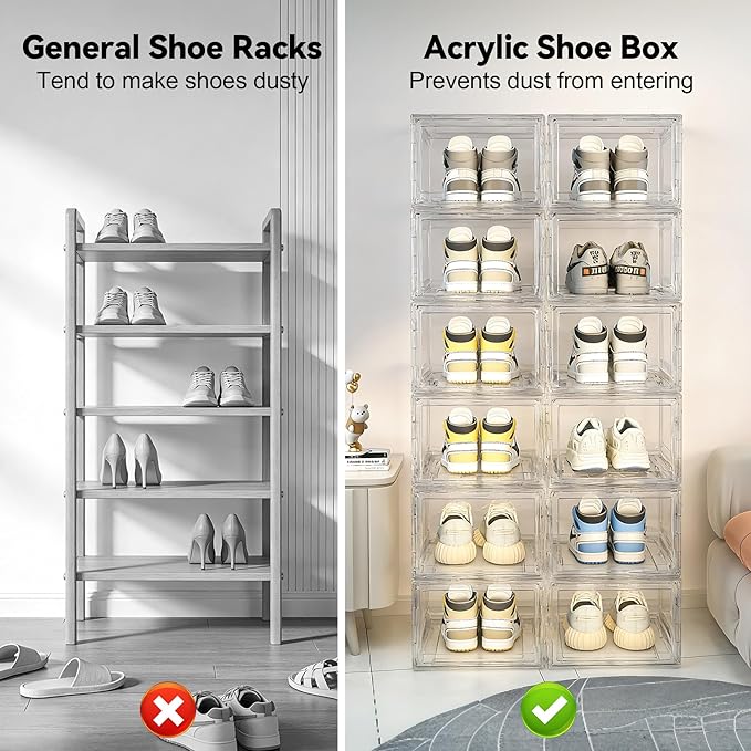 Acrylic Shoe Storage Boxes with Magnetic Door - 360° Clear Stackable Shoe Display Box Set, Plastic Shoe Cabinet Rack Box for Sneakers Heels Shoes (1, Clear, L - Front Open)