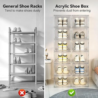 Acrylic Shoe Storage Boxes with Magnetic Door - 360° Clear Stackable Shoe Display Box Set, Plastic Shoe Cabinet Rack Box for Sneakers Heels Shoes (1, Clear, L - Front Open)