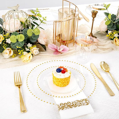 LIYH 350 Pcs Clear Plastic Plates - Gold Rim Plastic Dinnerware Set Elegant Disposable Plates Include Dinner & Dessert Plate Cups Gold Silverware Wedding Napkins for Birthday Party Wedding 50 Guests