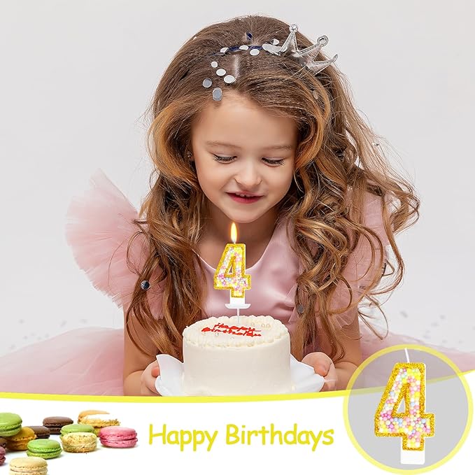 4th Birthday Candle for Cake, Colorful Macaron Numeral Candles for Boys/Girls, Birthday Party Cake Decorations, Golden Cake Topper for Birthday Party Supplies (Number 4)