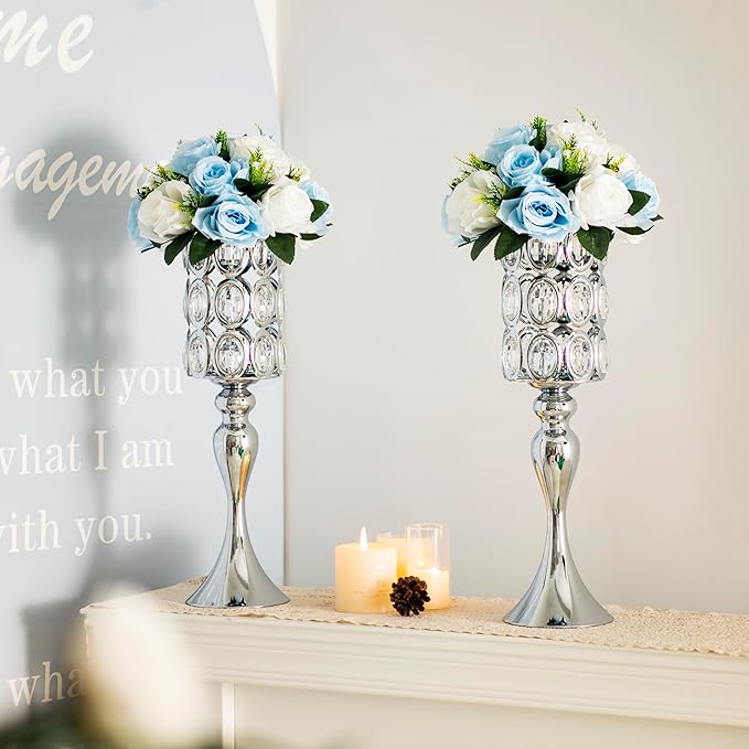 18" Tall Diamond Crystal Wedding Centerpiece Vases for Tables Set of 2, Silver Metal Flower Holders Centerpiece Flower Stands for Wedding Party Reception Home Décor(Silver)