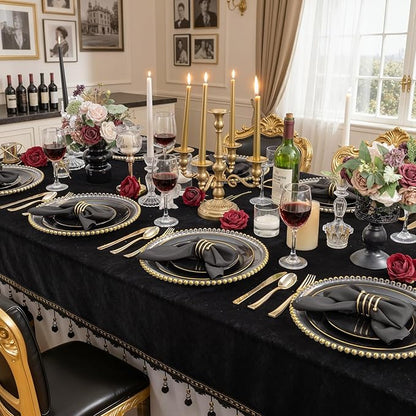 KIRE 350 PCS Plastic Dinnerware Set for 50 Guests - Black and Gold Plates 50 for Dinner 50 for Dessert & 50 Pre Rolled Napkins with Disposable Silverware 50 Cups for New Year/Banquet/Wedding