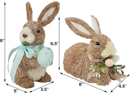 DR.DUDU Set of 2 Easter Decorations Bunny Figurines with Eggs, Spring Straw Rabbit Tabletop Decor, Rustic Sisal Bunny Statues Springtime Decor for Home Table Office Kitchen Farmhouse