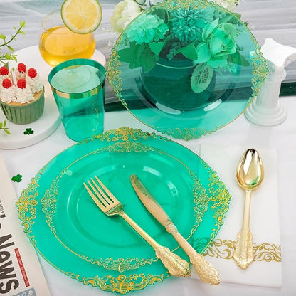 Hioasis 350pcs Clear Green Plastic Plates - Elegant Disposable Dinnerware Set Suitable for 50 Guests Include 10.25" Dinner & 7.5" Dessert Plates, Cutlery, Napkins, Cups for Party & Christmas