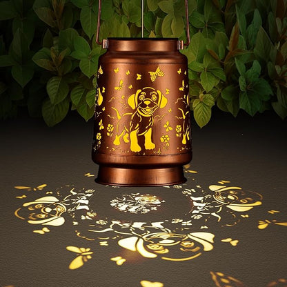 Solar Lantern Outdoor Hanging Waterproof Outside Metal Openwork Hummingbird Pattern Birthday Gifts for Women Mom Landscape Lights for Porch Garden Yard Patio Pathway Decor(Dogs and Butterflies)